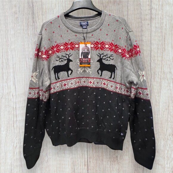 NWT Chaps Mens XXL Christmas Sweater Reindeer Fair Isle Knit 100% Cotton - Picture 1 of 6
